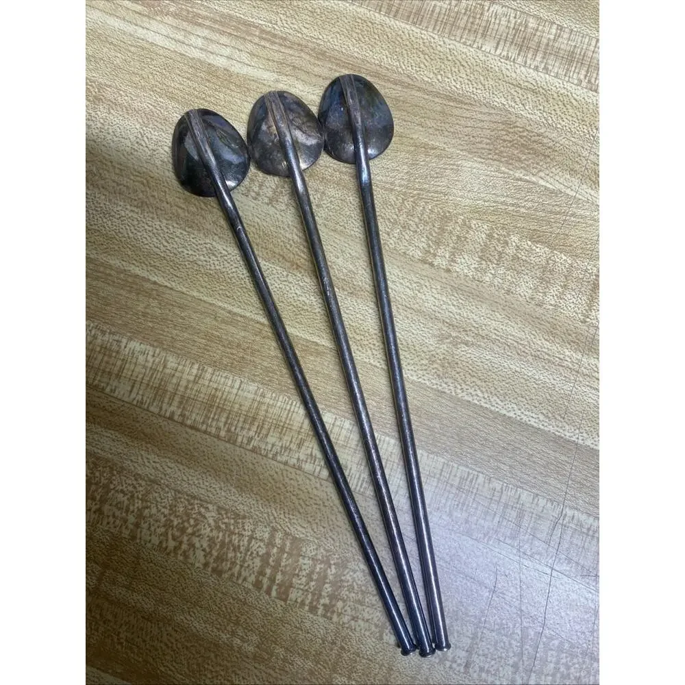 Set of 3 Vintage Silverplate Ice Tea Mint Julep Straw Stirrer Long Spoons 7.25”